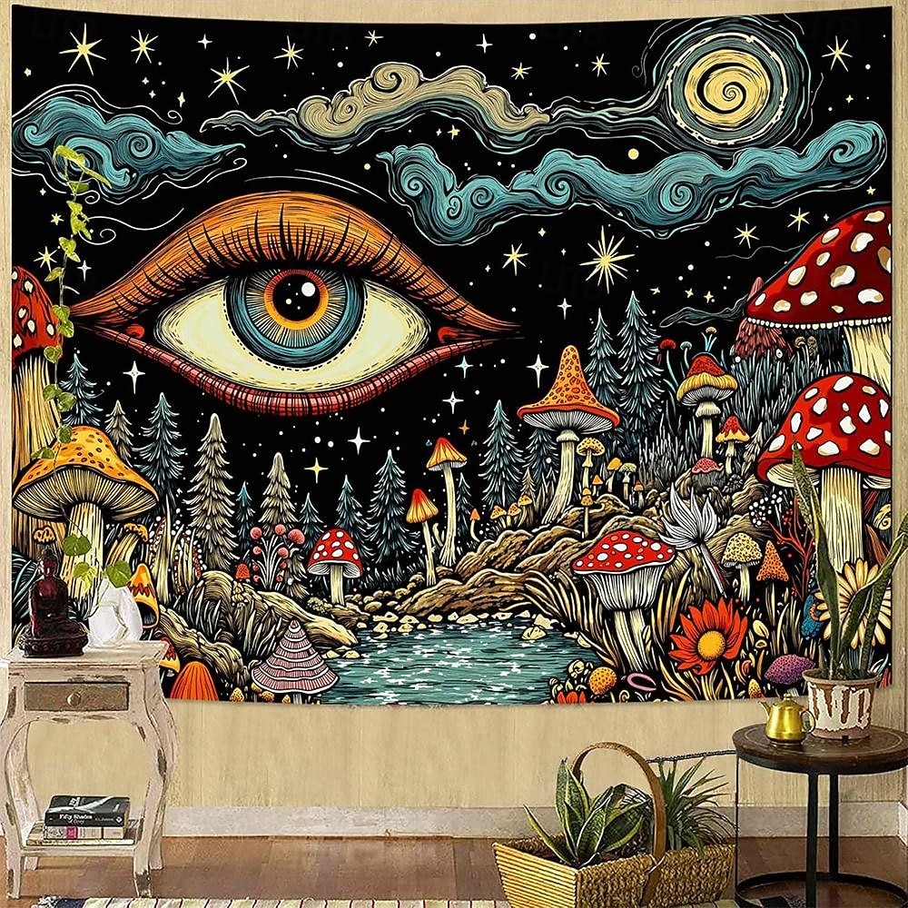 2026年 サイケデリックなキノコのタペストリー、トリッピーな目玉の壁掛け、星空の夜、銀河、森の風景、ヨガルーム、瞑想スペース、寝室の装飾用ウォールアート  コレクション – $20.99 –P1