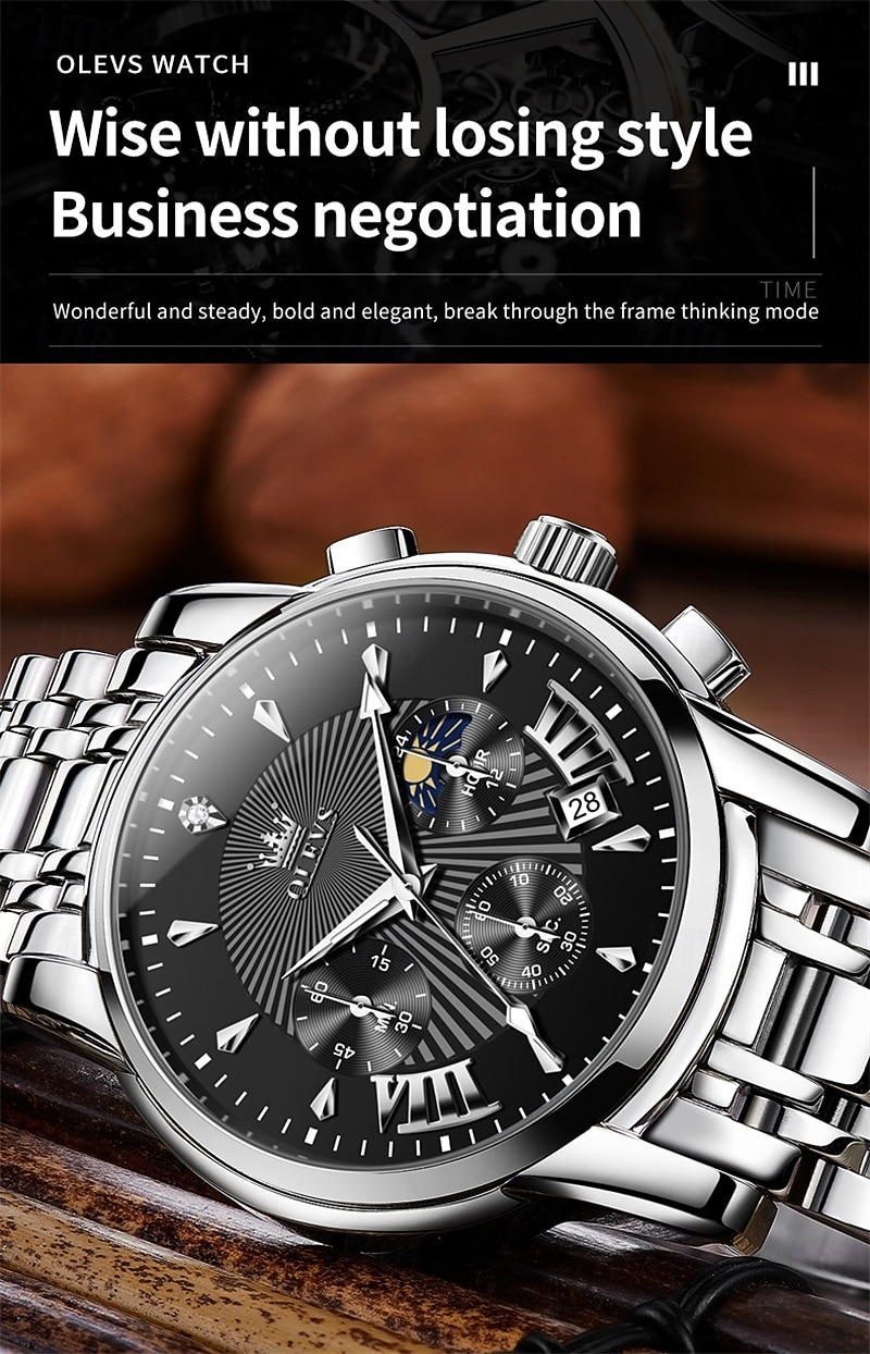 Nuovo orologio da uomo business del marchio olevs con calendario luminoso, fasi lunari, cronometro, orologio al quarzo multifunzionale e alla moda, orologio da polso da uomo casual, resistente del 2026 a $39.99 –P7
