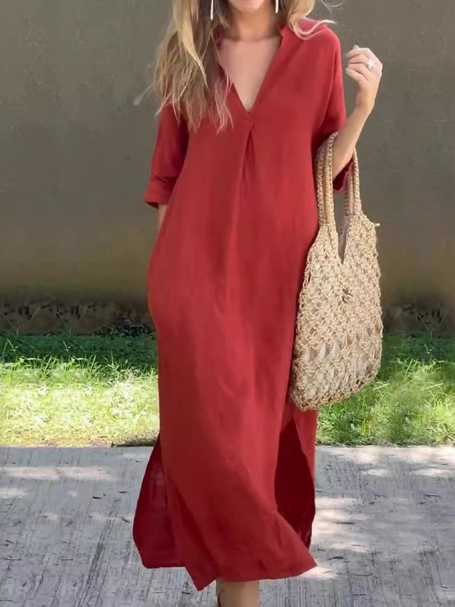 Women's Maxi Dress Shift Dress Summer Dress Casual Daily Loose Fit Plain 3/4 Length Sleeve V Neck Blue Black White Red Summer Spring Fall 2026 - $29.99 –P5