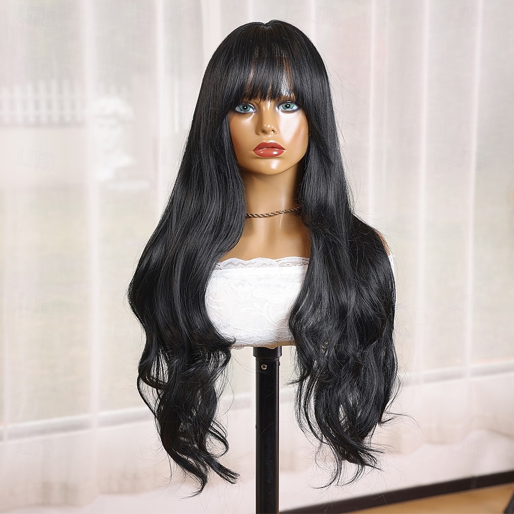 Synthetic Wig Curly Wavy Neat Bang Machine Made Wig 28 inch Natural Black #1B Synthetic Hair 28 inch Women's Black 2026 - $41.99 –P2