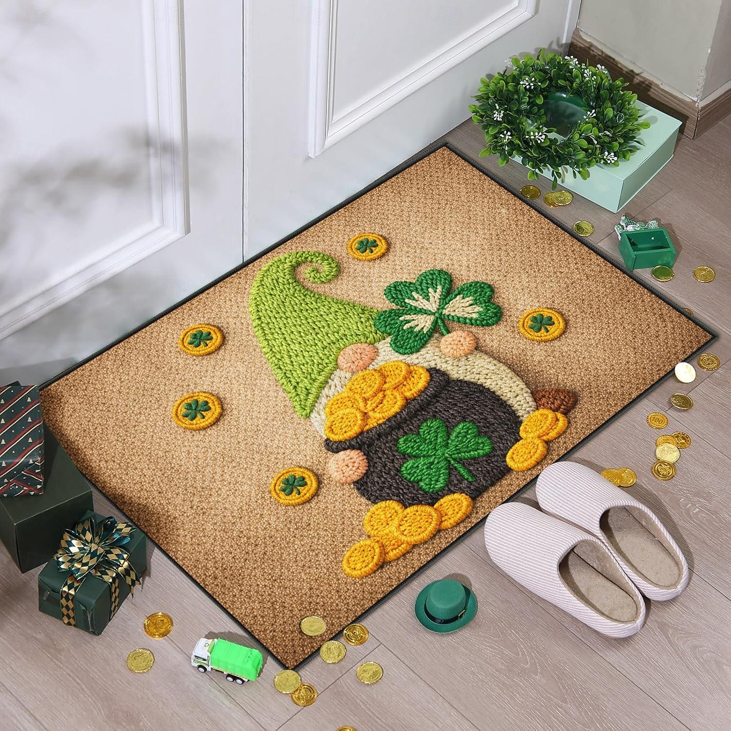 St Patrick's Day Doormat 2D Flat Print Design Featuring Gnome with Pot of Gold and Shamrocks on Sparkling Green Background 2026 - $10.49 –P5