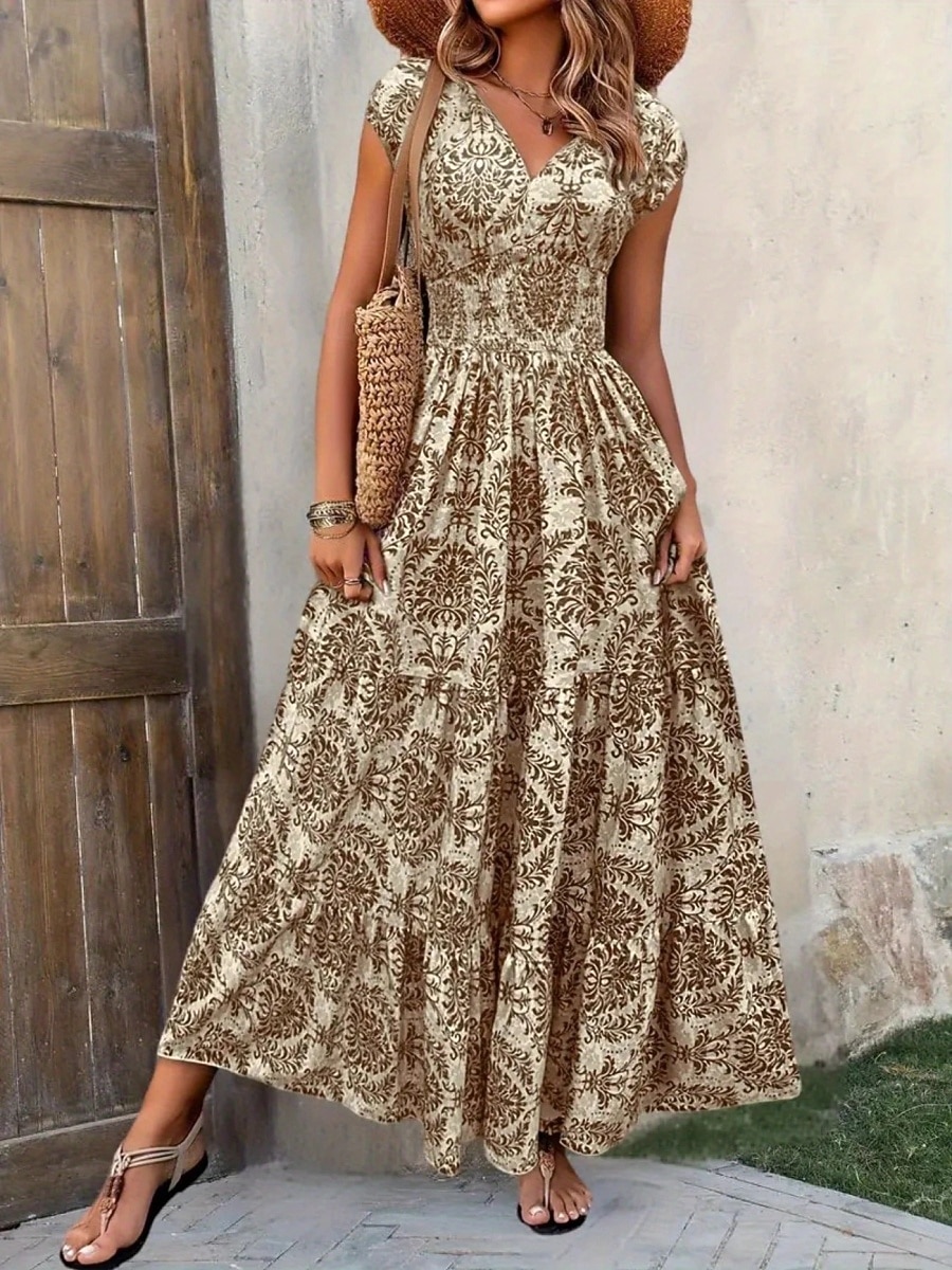 Per donna Abito lungo maxi Abito Lungo Maxi Abito Abito da Spiaggia Abito Floreale Abito Boho Elegante Moda Moderno Quotidiano All'aperto Vacanza Vestibilità regolare Floreale Manica Corta Scollo a V del 2026 a $22.99 –P10