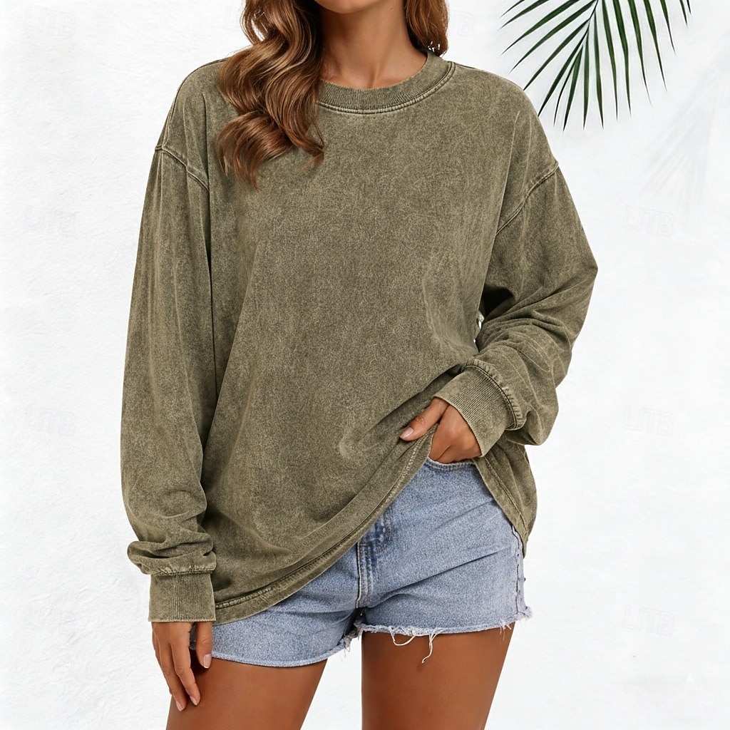 Camiseta de gran tamaño de 100% algodón para mujer tops vintage lavados estilo vintage casual de manga larga cuello redondo regulares para el día salir fin de semana negra marfil verde ejército rojo 2026 - $21.99 –P7