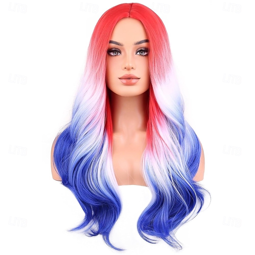 Parrucche Lunga Mossi del 4 Luglio per Donne e Bambine Riccioli Naturali Rossa Bianca e Blu Parrucca Sintetica Resistente al Calore per Festa di Cosplay Costume del 2026 a $28.99 –P3