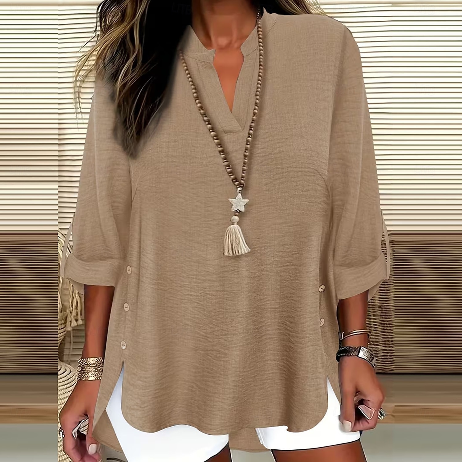 Pentru femei Cămașă Boho Tunică Peteci Culoare solidă Elegant Zilnic Stilat Lungime Manșon 3/4 În V Topuri obișnuite Zilnic Muncă Concediu Albastru piscină Verde Crud Negru Alb Roșu-aprins Primăvar 2026 - $19.99 –P6