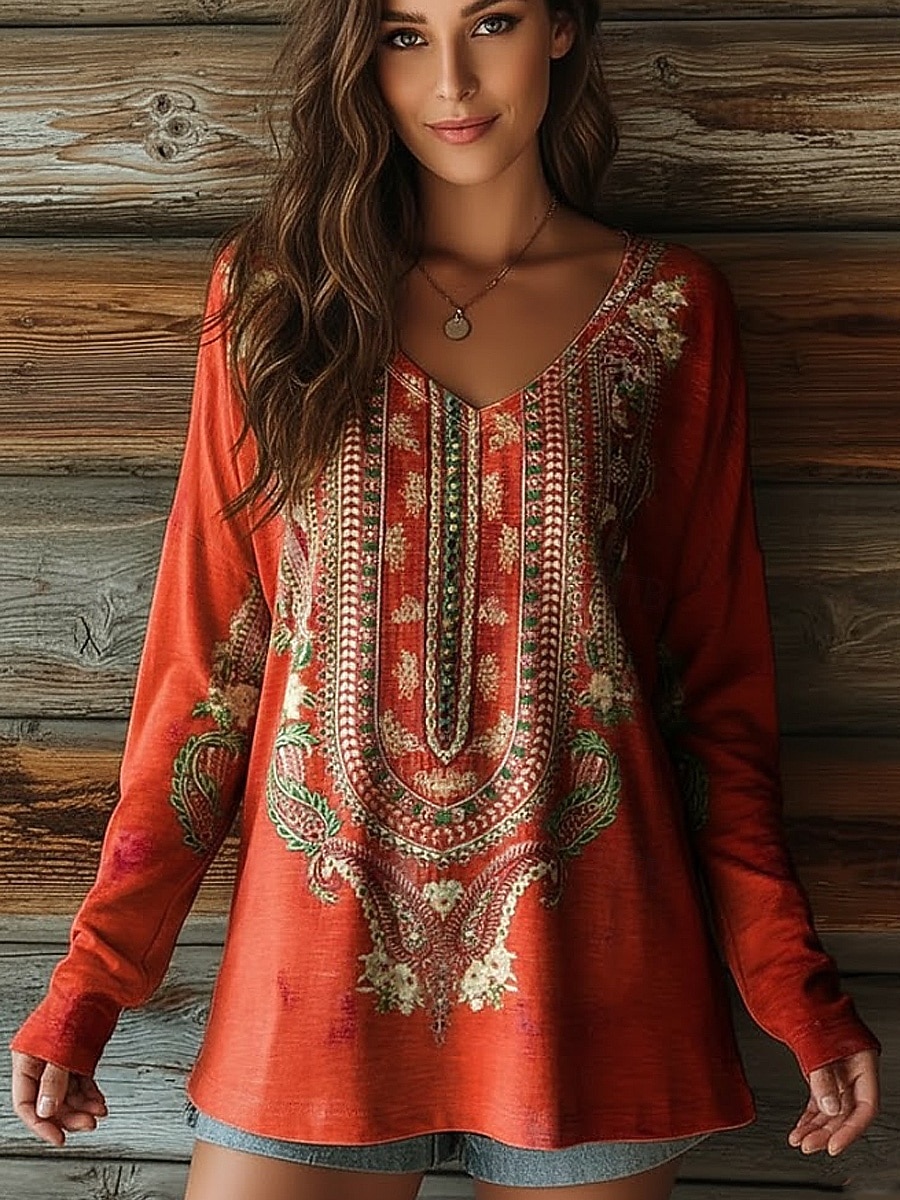 Женская бохо футболка с длинным рукавом цветочный графический принт стильная винтажнаяcasual с V-образным вырезом повседневные и выходные цвет шалфейный зеленый розовый красный фиолетовый весна осень 2026 - $24.99 –P2