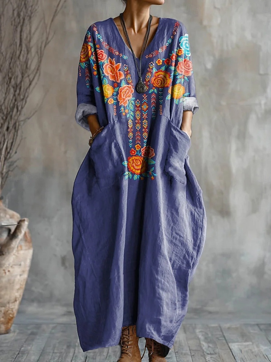 Naisten Maksimekko A linjainen mekko Loma Vapaa-aika Päivittäin Loose Fit Kukka Kuvitettu Pitkähihainen V kaula-aukko Sininen Oranssi Kesä Kevät 2026 - $37.99 –P2