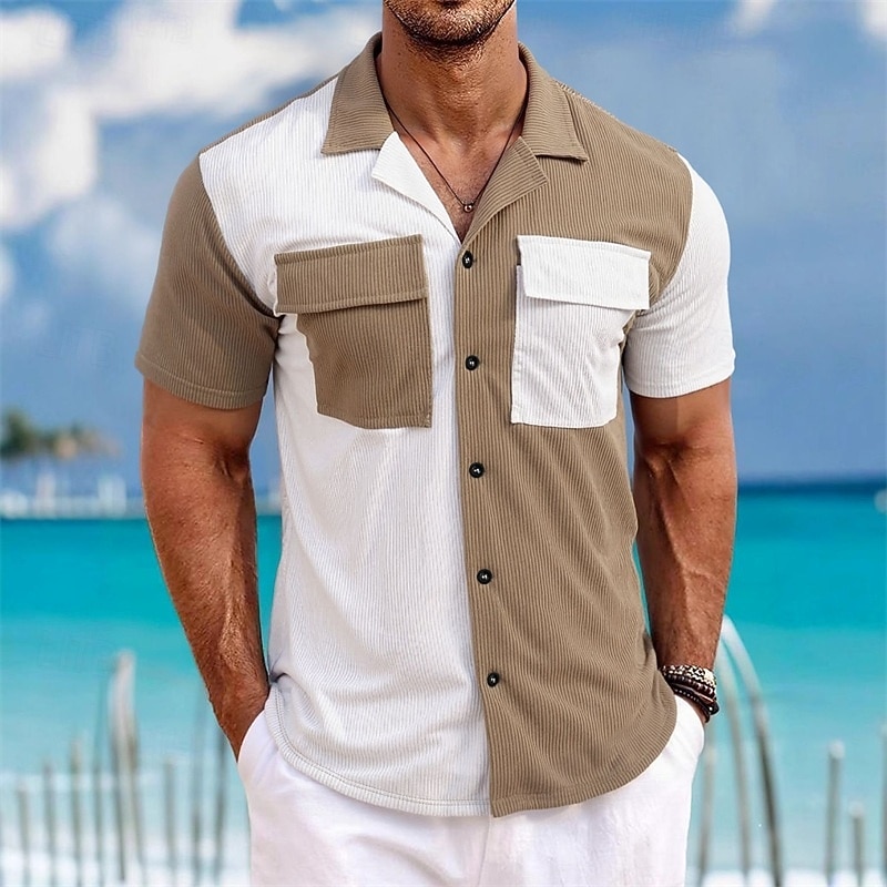 Men's Shirt Waffle Shirt Casual Shirt Work Shirt Button Up Shirt Blue Black Green khaki Gray Short Sleeve Plain Cuban Collar Casual Daily Front Pocket Clothing Apparel Elegant Fashion Casual 2026 - $26.99 –P2