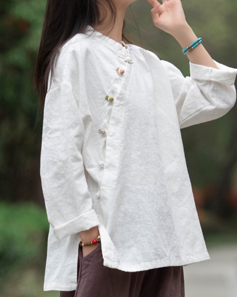 Camicia da donna a maniche lunghe con colletto alla coreana in lino biologico del 2026 a $45.99 –P10