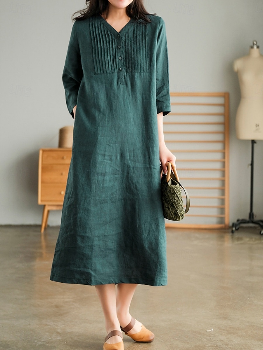 Per donna Abito Midi Abiti effetto lino Abito a Tubino Abito Estivo Casual Quotidiano Vestibilità comoda Semplice Manica 3/4 Scollo a V Blu Arancione Verde Beige Estate Autunno del 2026 a $32.99 –P10