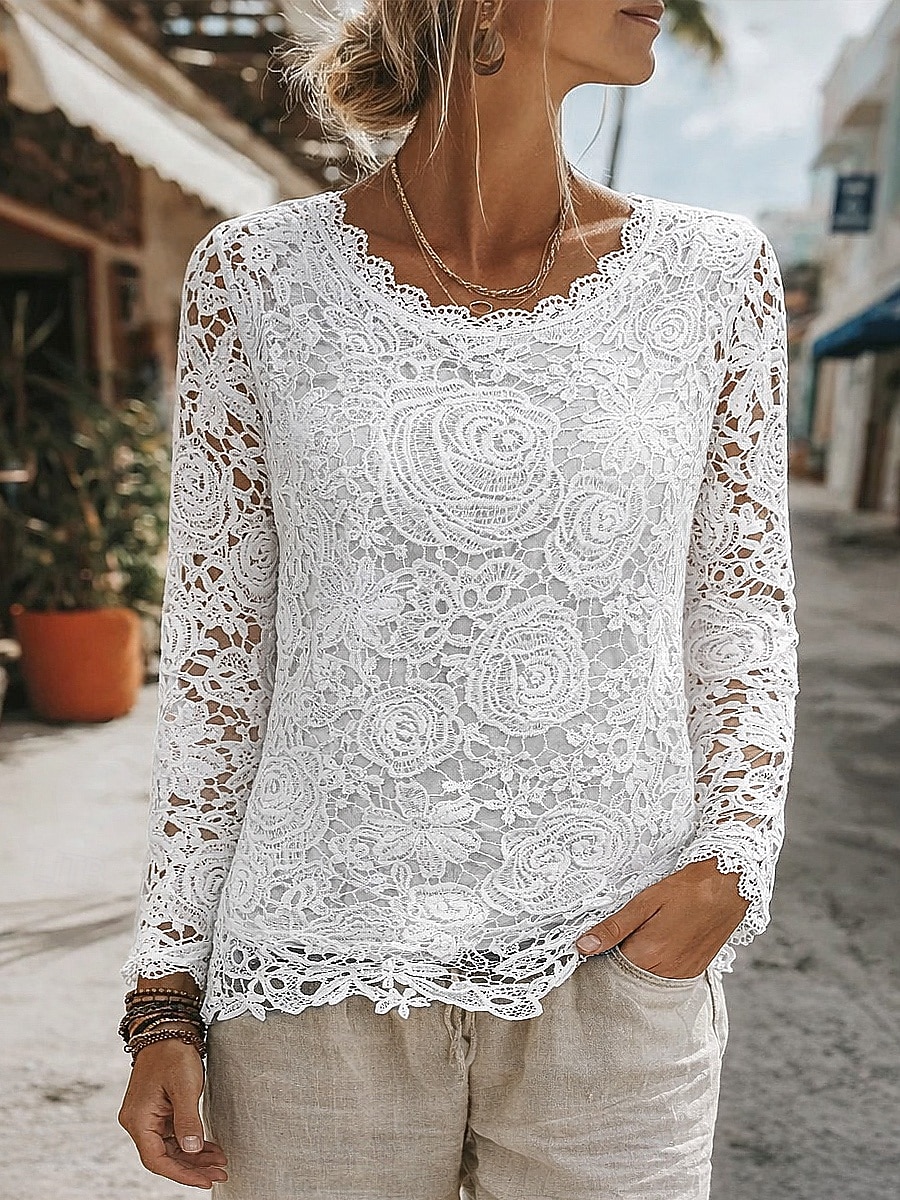 Women's Blouse Lace Solid Color Elegant Stylish Casual Long Sleeve Crew Neck Regular Tops Daily White Summer Spring Fall 2026 - $36.99 –P1