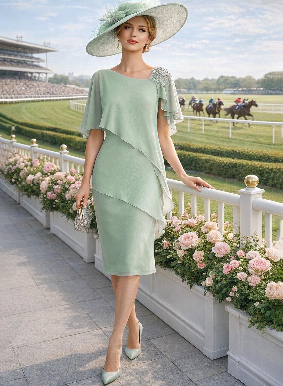 Tubino Colonna Lunghezza al ginocchio Vestito da Festa Abito da Cocktail Abito da invitata a nozze Abito da cerimonia per signora Mezza Manica Collo gioiello Elegante Ospite di nozze Chiffon con del 2026 a $172.99 –P1