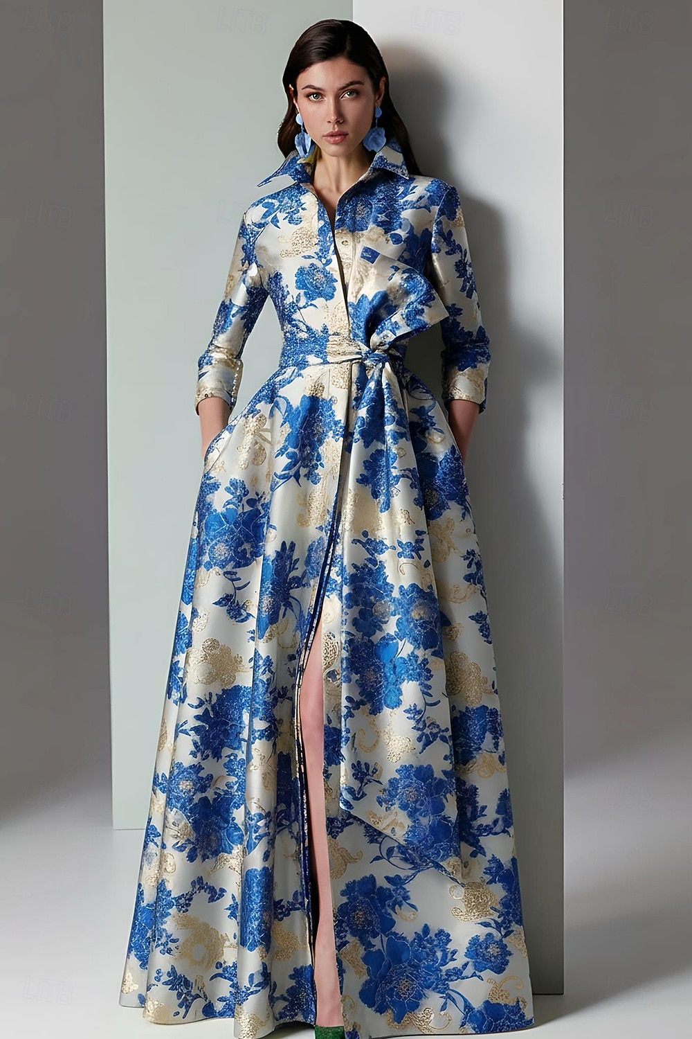 A-linja Kokopitkä Iltapuku Tyylikäs Kimalteleva Silkkinen Pitkähihainen Paitapuserokaula-aukko Puutarhajuhlat Häät Tasku Jakardi kanssa Kukkapainatus Rusetti(rusetit) Halkio 2026 - $186.99 –P1