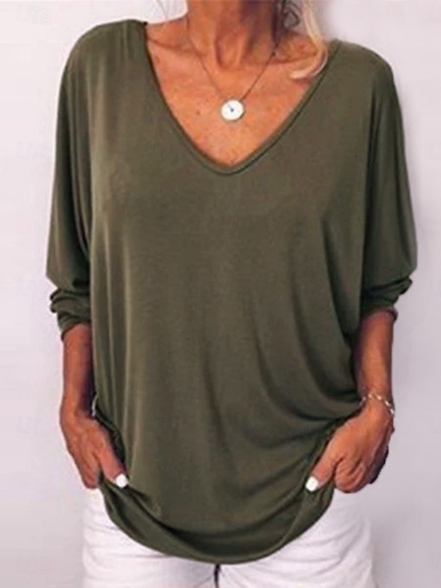 T-Shirt Donna Colore Unito Stile Casual Manica Lunga Collo a V Top Regolari Giornalieri Bottoni Blu Nero Bianco Vino Verde Militare Estate Primavera Autunno del 2026 a $19.99 –P2