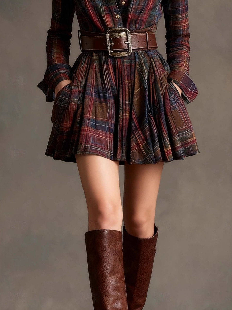 Dames Mini-jurk Geruite Jurk Shirtjurk Boho-jurk Vintage Modieus Buiten Vakantie Feestdagen Normale pasvorm Ruitjes Lange mouw Overhemdkraag Wit Donkergroen Bruin Donkerblauw Zomer Lente Herfst 2026 - $36.99 –P2