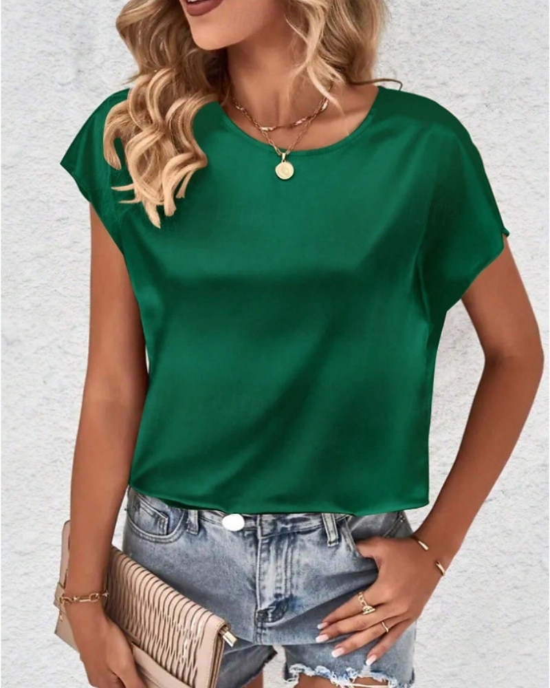 Per donna Elegant Top in raso Camicia in raso Top estivi Tinta unica Semplice Vintage Elegante Classico Manica Corta Girocollo Top Regolari Quotidiano Ferie Uscire Nero Rosa Cammello Verde Estate del 2026 a $7.49 –P2