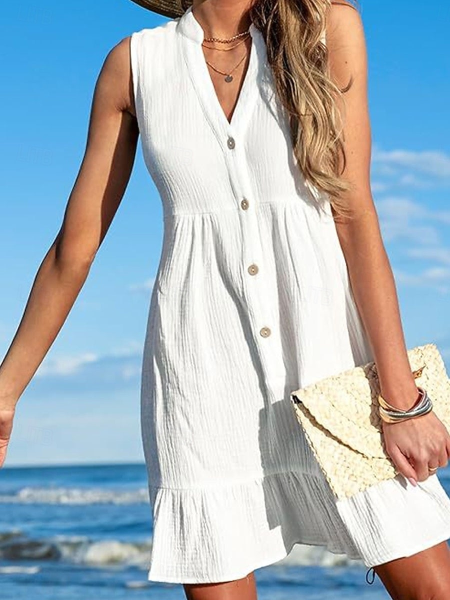 Damskie Sukienka mini Biała sukienka sukienka plażowa Cover Up Elegancja Zabytkowe Moda Codzienny Na zewnątrz Plaża Luźna Równina Bez rękawów W serek Biały Lato Wiosna 2026 - $32.99 –P1