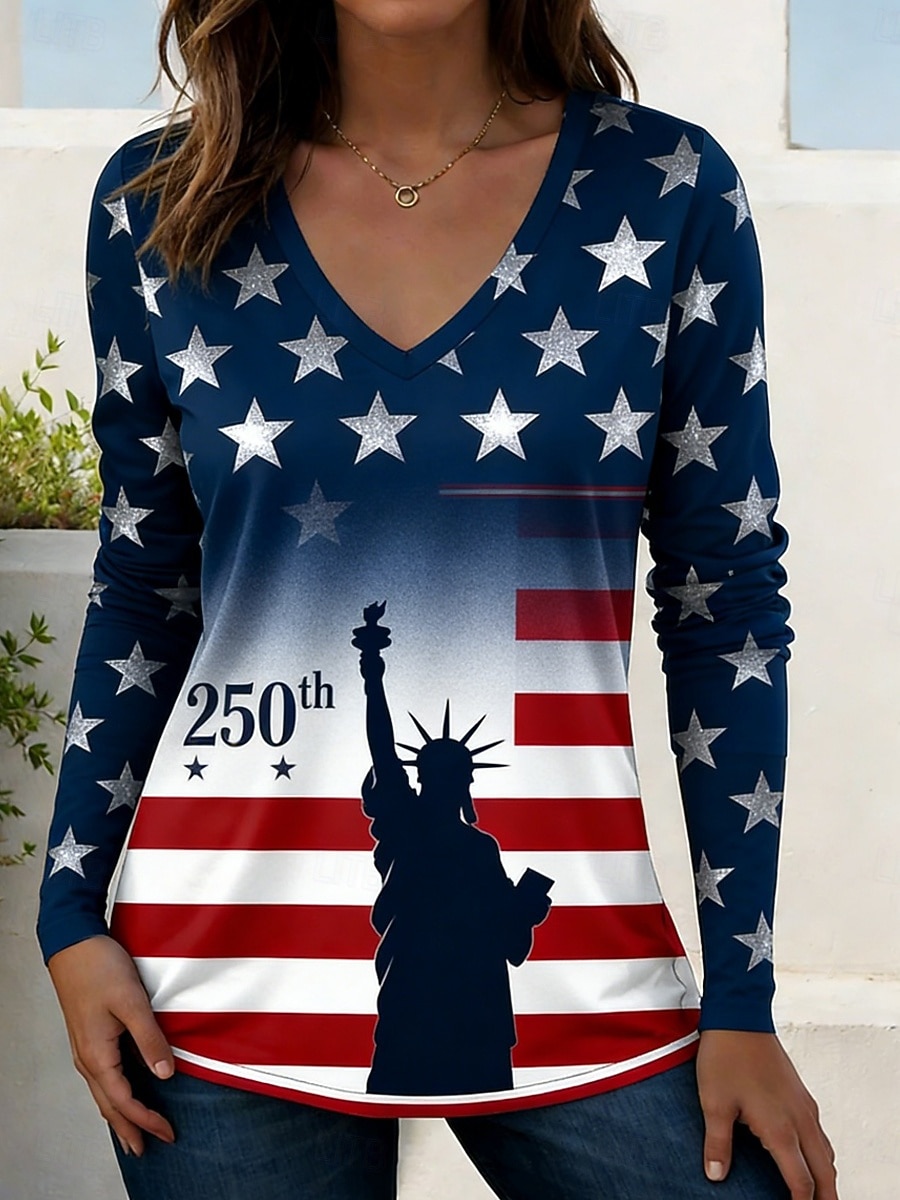 American Independence Day Women's T Shirt Tee Top Print Graphic American Flag Stylish Classic Casual Long Sleeve V Neck Regular Tops Daily Going out Weekend Blue Navy Blue Summer Spring Fall 2026 - $19.99 –P2