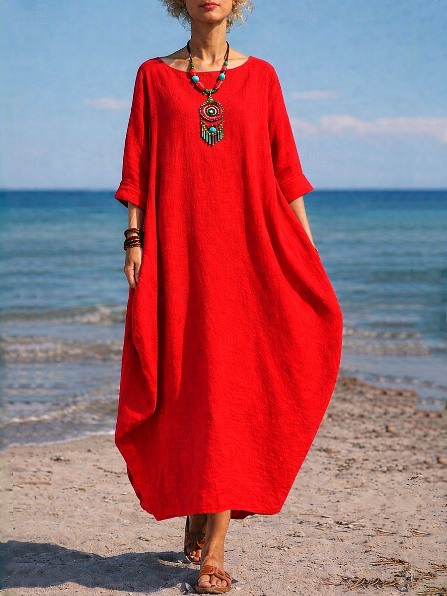 Women's Cotton Linen Maxi Dress Shift Dress Casual Daily Regular Fit Plain 3/4 Length Sleeve Crew Neck Blue White Red Dark Green Summer Spring Fall 2026 - $14.99 –P7