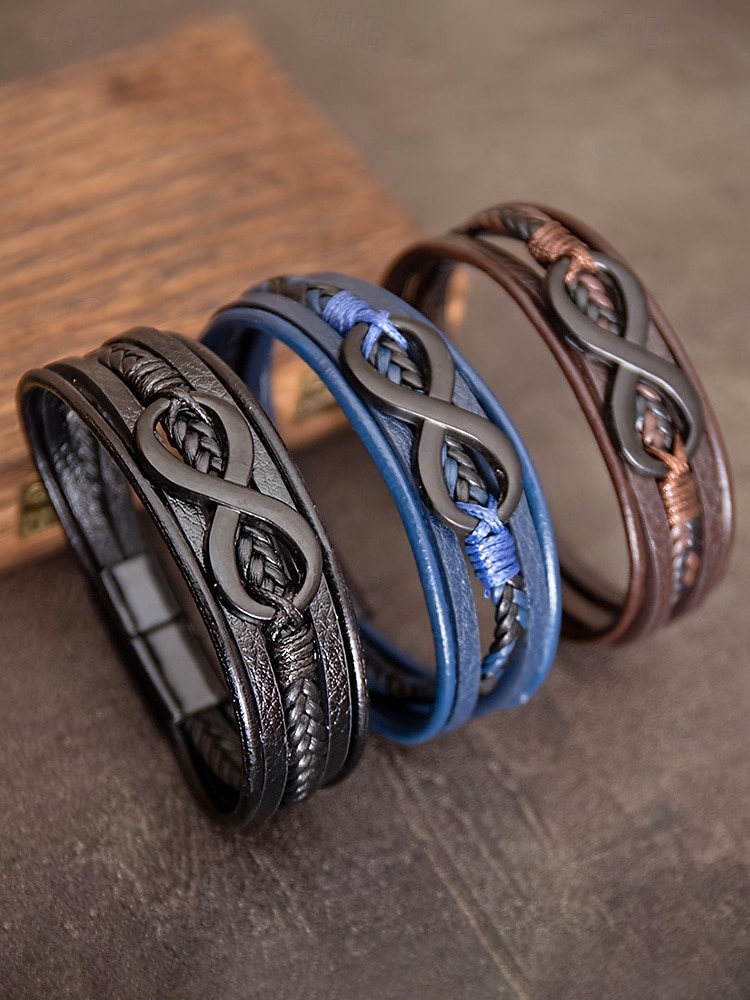 Мужской браслет в виде знака бесконечности из искусственной кожи и сплава, многослойная плетеная конструкция, винтажный стиль, различные цветовые варианты, идеально подходит для отдыха и повседневной носки. 2026 - $7.99 –P7