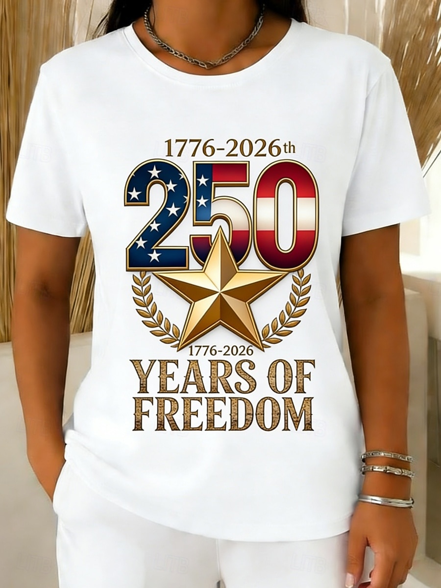 Amerikansk uavhengighetsdag Dame T skjorte T-skjorte Trykt mønster Grafisk Flagg Stilfull Klassisk Fritid Kortermet Crew-hals Vanlige topper Daglig Ut på byen Helg Hvit Sommer Vår 2026 - $14.49 –P1