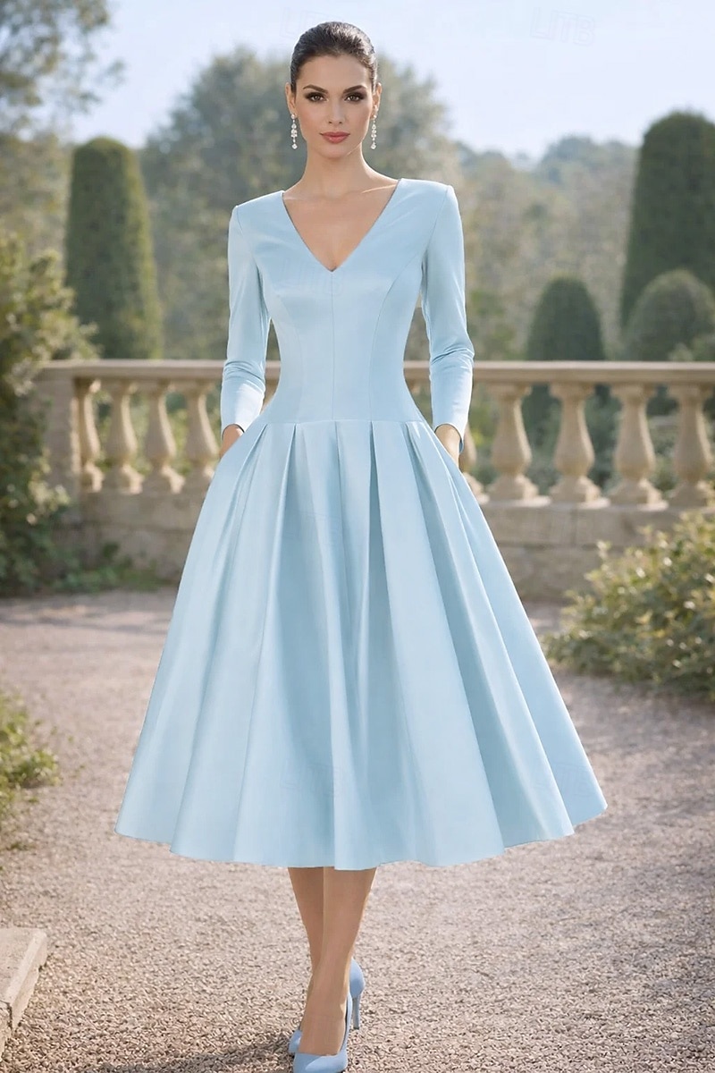 А-силуэт Ниже колена коктейльные платья Элегантный стиль Повседневные Полуформальные платья Рукав 3/4 V-образный вырез Вечеринка в саду Свадьба Сатин с Плиссировка 2026 - $130.99 –P4