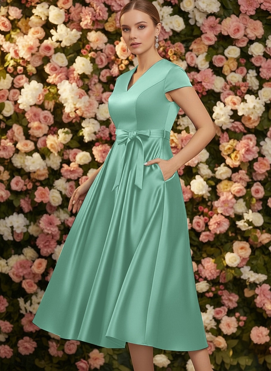 A-Line Tea Length Party Dress Cocktail Dress Wedding Guest Dress Mother of the Bride Dress Cap Sleeve V Neck Elegant Formal Wedding Guest Satin with Bow(s) 2026 - $126.99 –P1