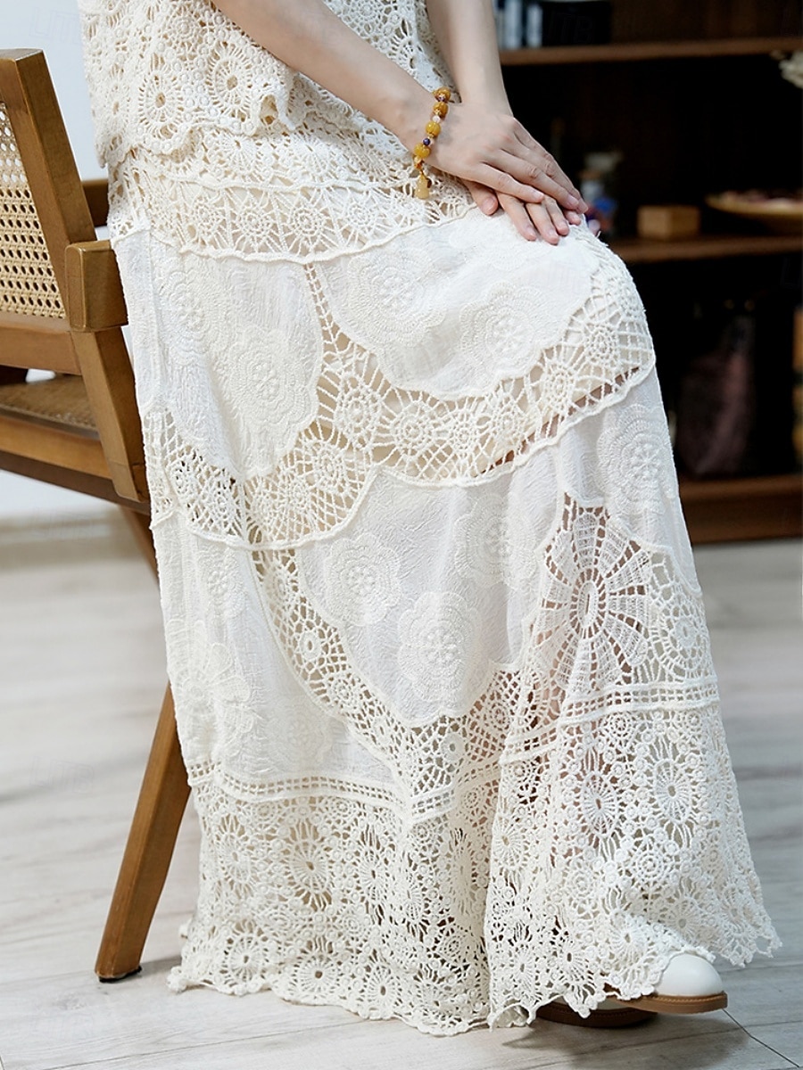 Mulheres Saia de renda Boêmia Moda Casual Longo Cintura Média Saias Cor Sólida Renda Buraco Sem Elasticidade Diário Férias Branco Bege Verão Algodão de 2026 por $43.99 –P3