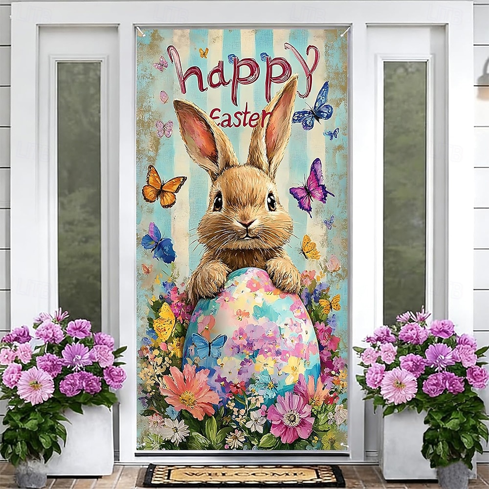 Пасхальный дверной баннер, счастливый пасхальный кролик, разноцветное яйцо, бабочка, подсолнух, весенняя вывеска для крыльца, настенный гобелен, декор для дома. 2026 - $17.99 –P2