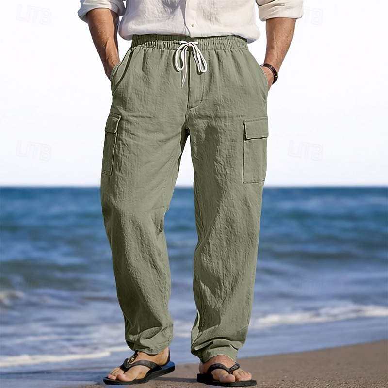 Herr Linne Byxor Långbyxor Sommarbyxor Strandbyxor Snörning Elastisk midja Flera fickor Slät Lättvikt Andningsfunktion Fullängd Ledigt Dagligen Helgdag Semester Mode 다크 카키 Svart Microelastisk 2026 - $25.99 –P10