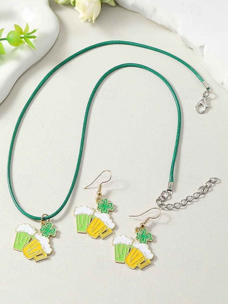 Női ötvözet anyagból készült Szent Patrik-napi nyaklánc és fülbevaló szett lóhere, kalap és lóhere mintákkal, tökéletes Szent Patrik-napra, mindennapi viseletre és ünnepi alkalmakra. 2026 - $11.99 –P9