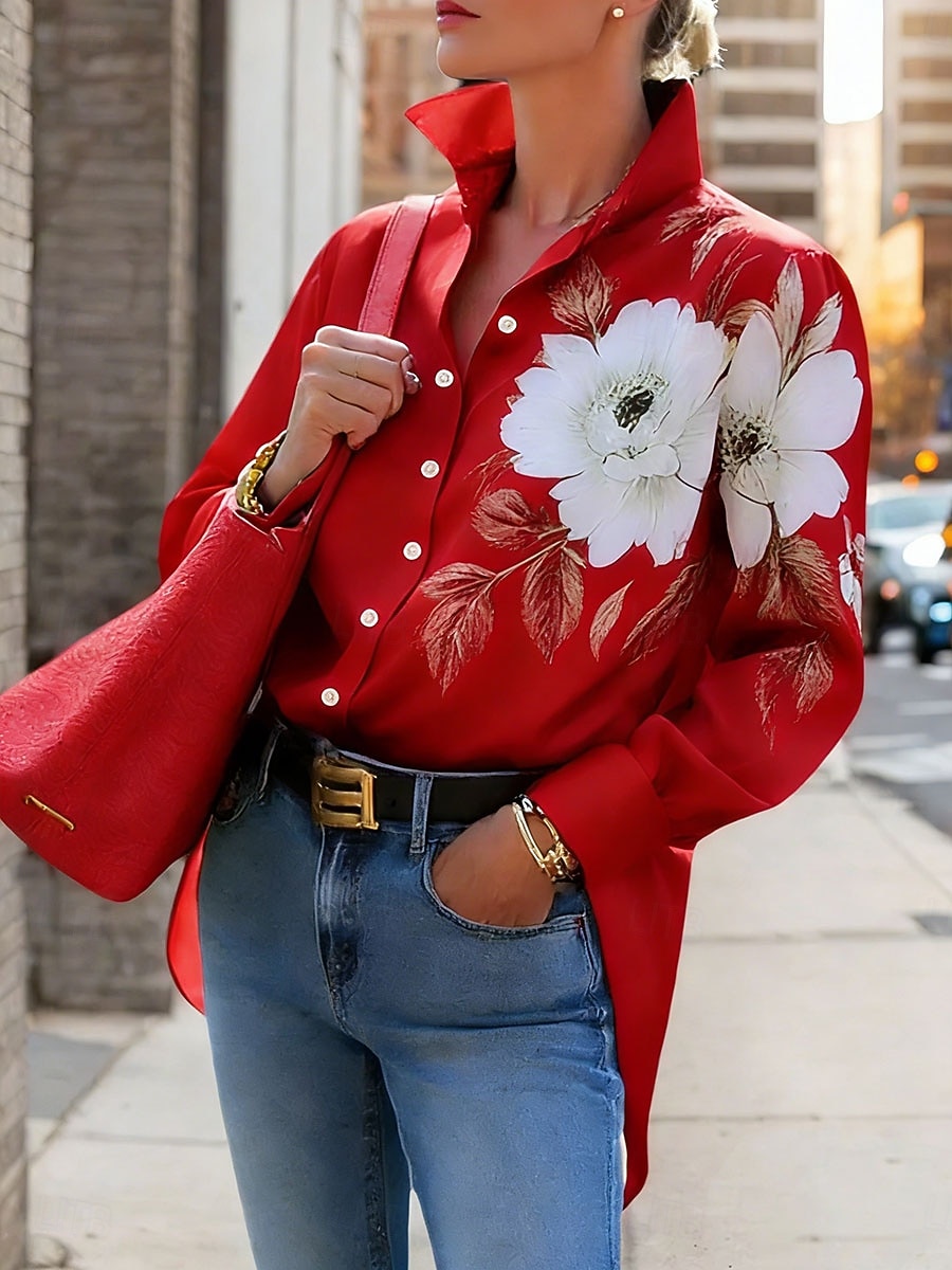 Mujer Camisa Botones Estampado Floral Graphic Elegante Básico Moderno Manga Larga Cuello Camisero Tops regulares Diario Trabajo Azul Piscina Negro Rojo Morado Marrón Primavera Otoño Invierno 2026 - $28.99 –P5
