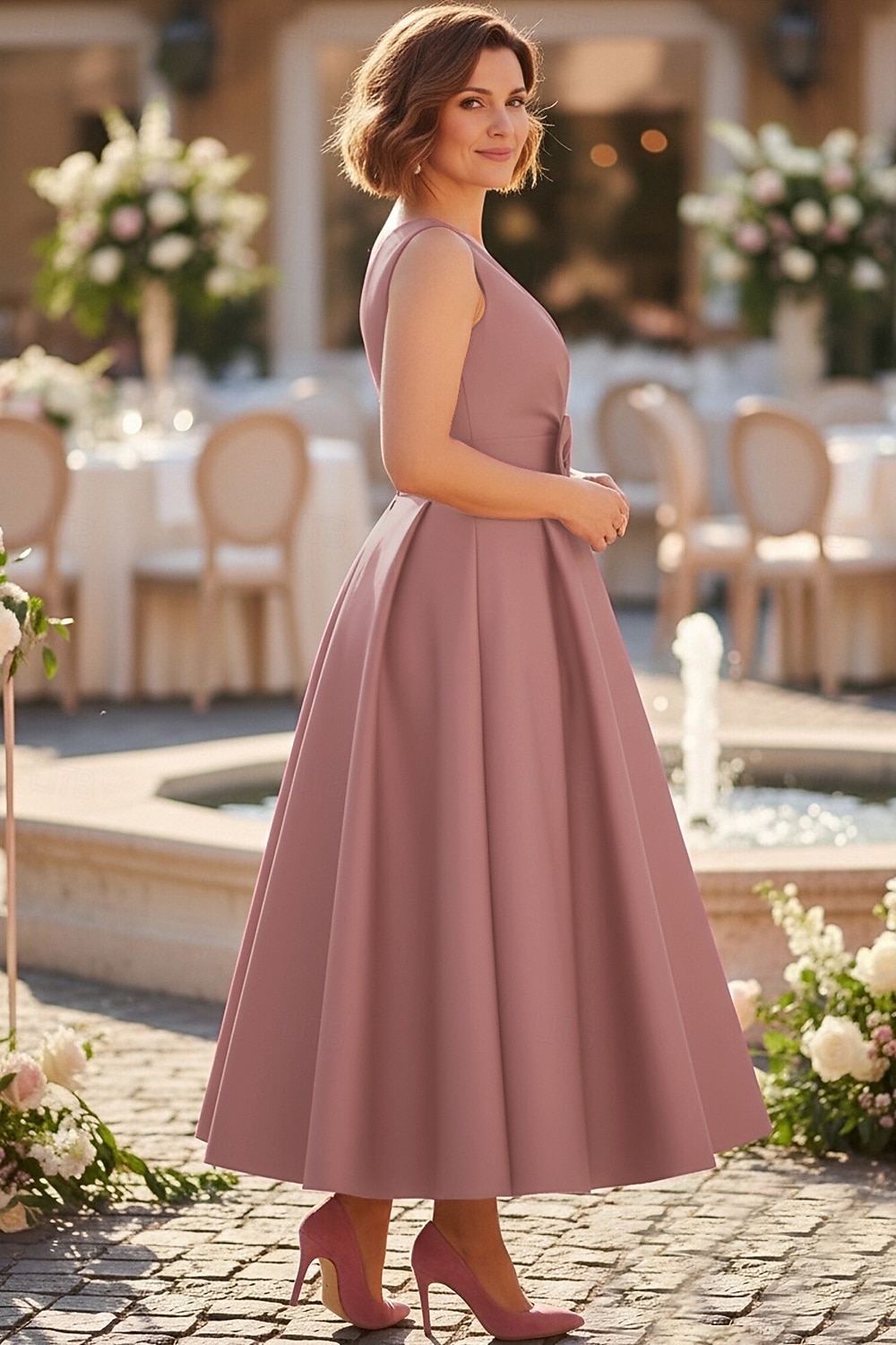 A-lijn Tot de enkel Feestjurk Cocktail jurk Bruiloft gast jurk Moeder van de bruid jurk Mouwloos V-hals Elegant Vintage Formeel Bruiloft gast Cocktailparty Satijn met Strik(ken) 2026 - $137.99 –P2