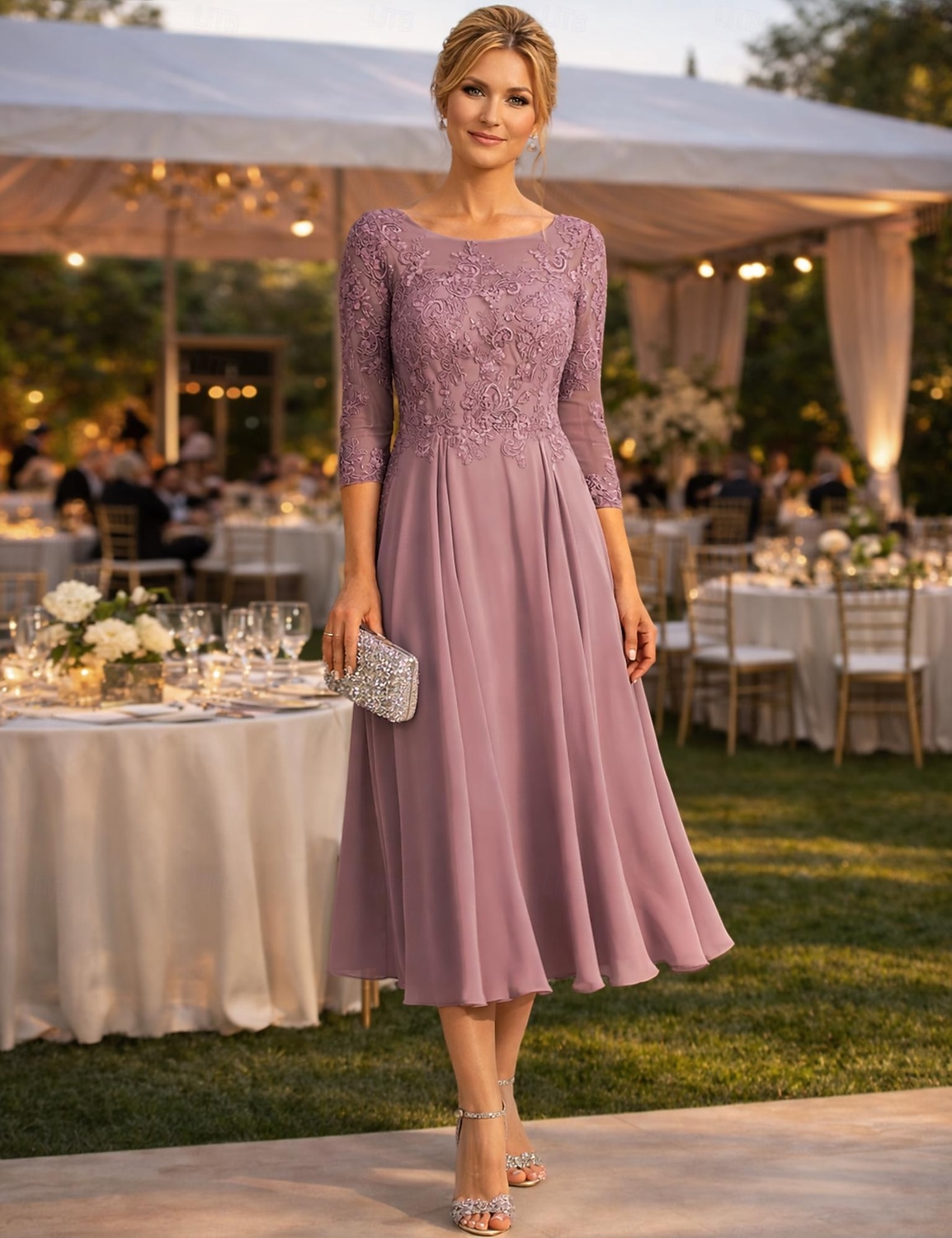 Linea ad A Lunghezza alla caviglia Vestito da Festa Abito da Cocktail Abito da invitata a nozze Abito da cerimonia per signora Manica 3/4 Girocollo Elegante Ospite di nozze Festa di fidanzamento del 2026 a $195.99 –P1