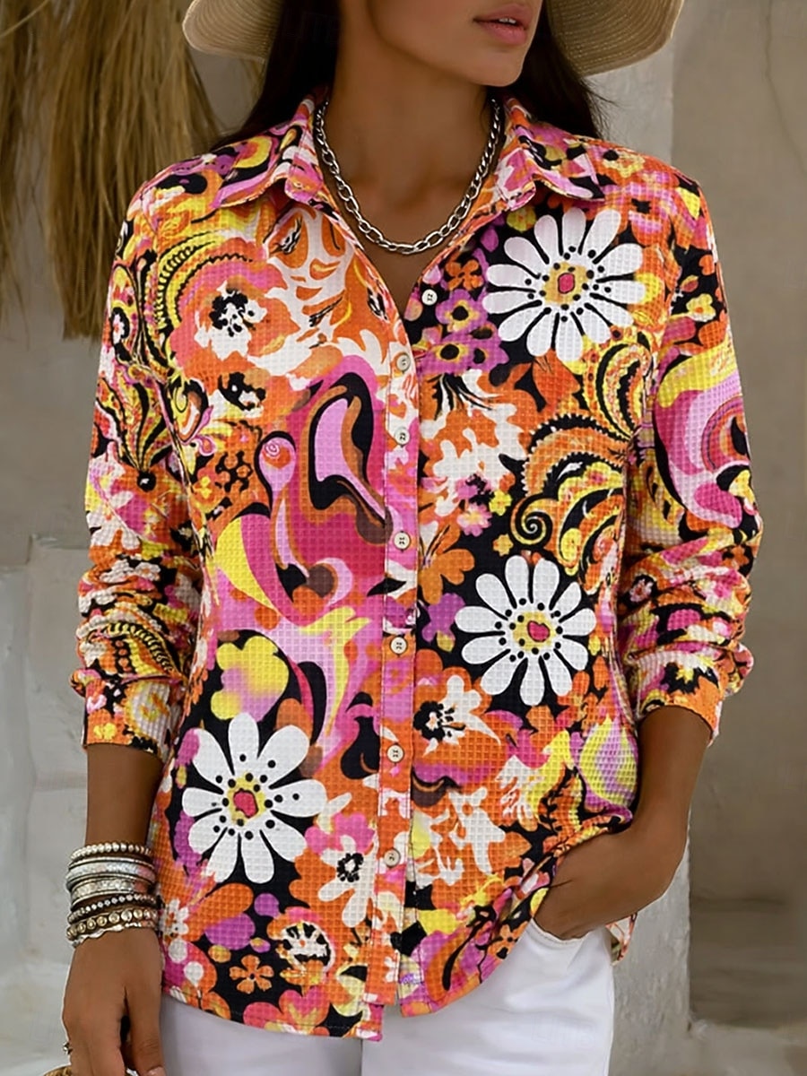 Γυναικεία Πουκάμισο Κουμπιά Στάμπα Γραφική Αφηρημένο Βίντατζ Στυλάτο Μοντέρνα Μακρυμάνικο Κολάρο Πουκαμίσου Κανονικά μπλουζάκια Καθημερινά Θαλασσί Πορτοκαλί Πράσινο του τριφυλλιού Καλοκαίρι Άνοιξη 2026 - $32.99 –P2