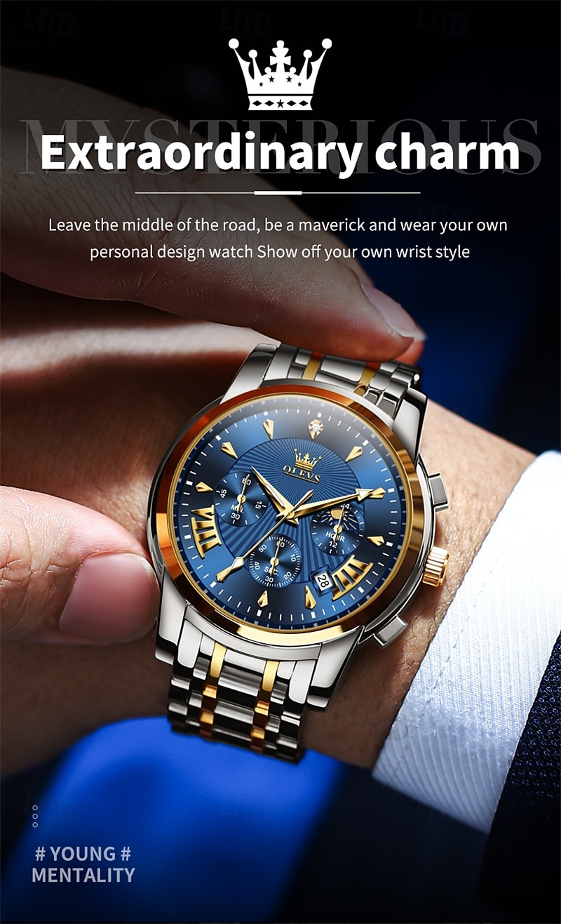 Nuovo orologio da uomo business del marchio olevs con calendario luminoso, fasi lunari, cronometro, orologio al quarzo multifunzionale e alla moda, orologio da polso da uomo casual, resistente del 2026 a $39.99 –P16