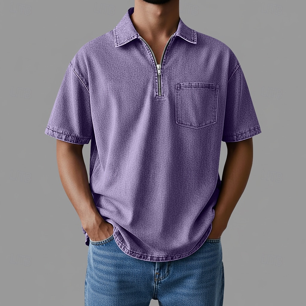 Polo de cremallera SoftFade™ Camiseta de Algodón para Hombre Ropa diaria Cita Media cremallera Manga corta Moda Básica Lisa Bolsillo con cremallera Primavera y Verano Ajuste regular Negro Rosa Marrón 2026 - $35.99 –P8