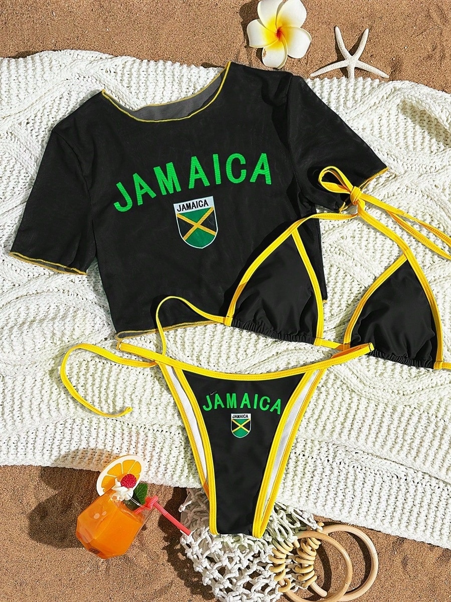 בגדי ריקוד נשים בגדי ים ביקיני שלוש חלקים חוטיני בגד ים רזה גב חשוף חופשה בגדי חוף אותיות צווארון עגול ללא שרוולים שרוול קצר בגדי ים 2026 - $22.99 –P10