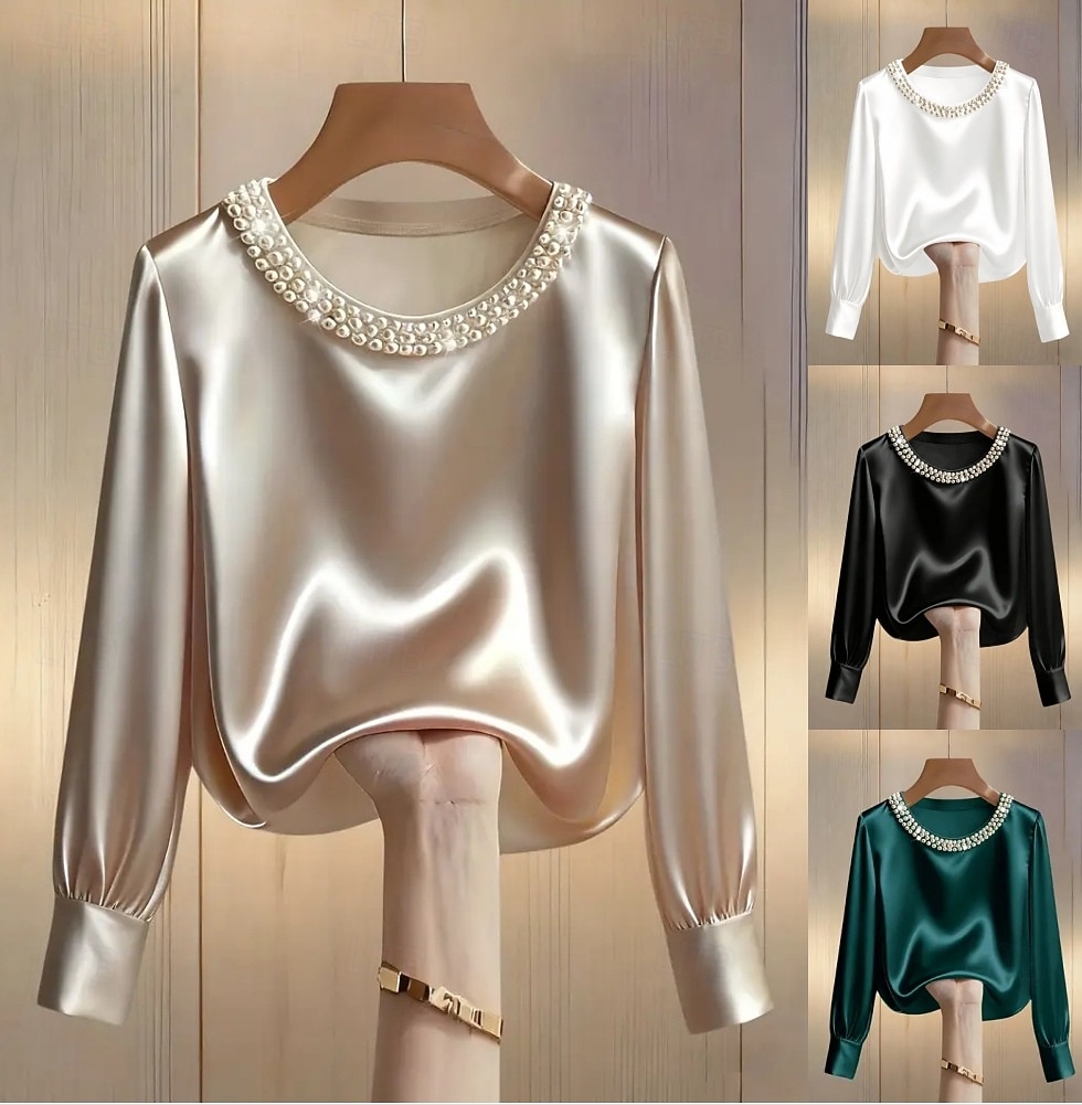 Mulheres Blusa Com Miçangas Côr Sólida Elegante à moda Manga Longa Gola Redonda Tops regulares Diário Trabalho Preto Branco Verde Damasco Primavera Outono de 2026 por $27.99 –P1