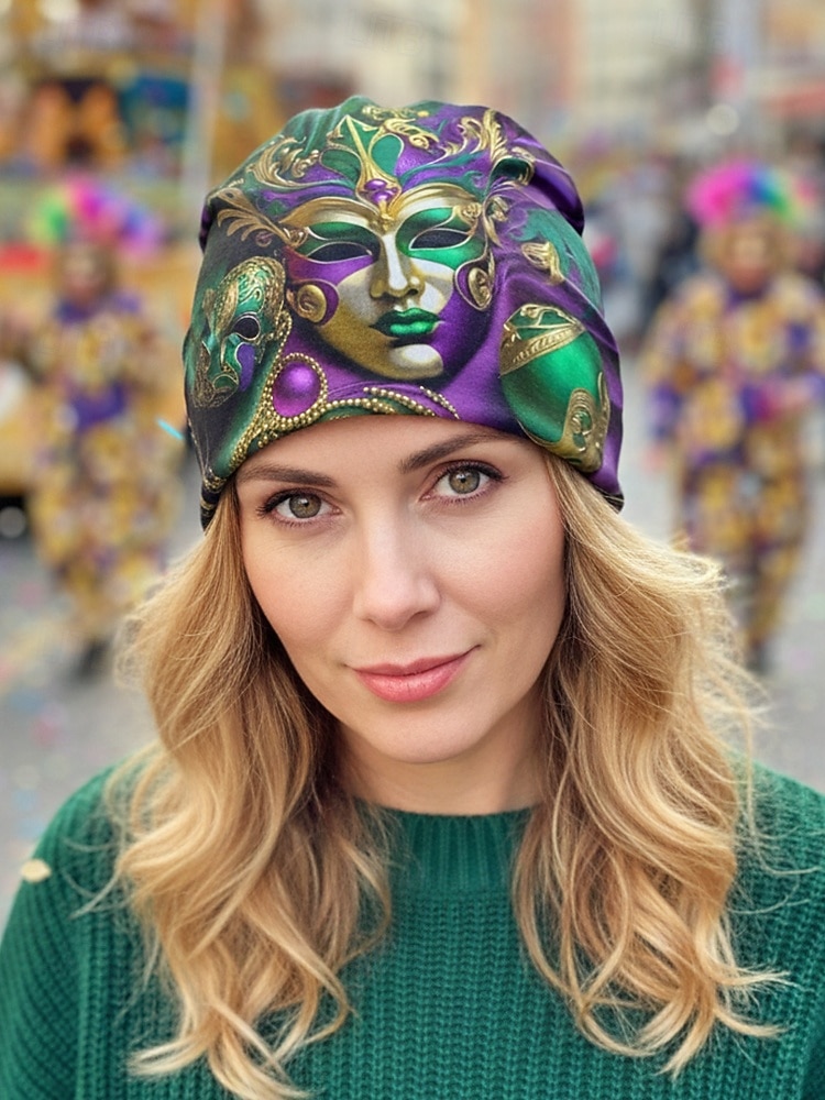 Damska czapka beanie z poliestru z nadrukiem, może służyć jako komin, wielowzorzysta, w stylu karnawałowym Mardi Gras, z miękkiej, elastycznej tkaniny, 2 w 1 jako nakrycie głowy i szalik na festiwale, imprezy i na co dzień 2026 - $11.99 –P1