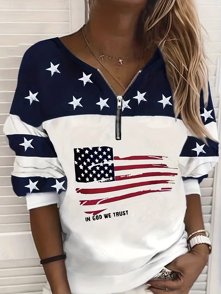 Moletom Pullover Patriótico Feminino do Dia da Independência Moletom com Zíper Gráfico Listrado Moda Casual Manga Longa Gola Redonda Rua Vestuário Diário Impressão com Zíper Azul Vermelho Primavera de 2026 por $27.99 –P1