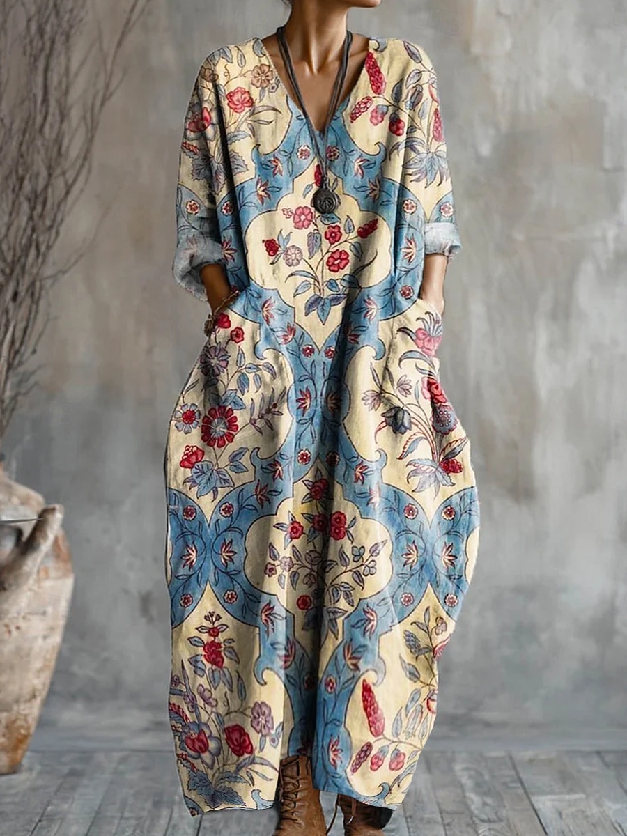 Naisten Maksimekko A linjainen mekko Loma Vapaa-aika Päivittäin Loose Fit Kukka Kuvitettu Pitkähihainen V kaula-aukko Sininen Oranssi Kesä Kevät 2026 - $37.99 –P1