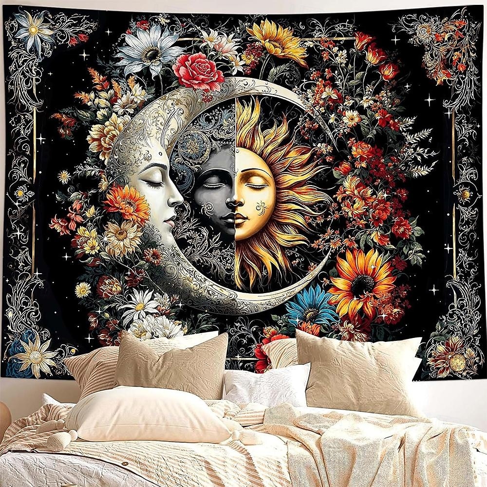 Gobelín slunce a měsíc na zeď, nebeské květiny, slunečnice, růže, boho hippie nástěnné umění do ložnice, obývacího pokoje, jógy, meditační dekorace 2026 - $19.99 –P3