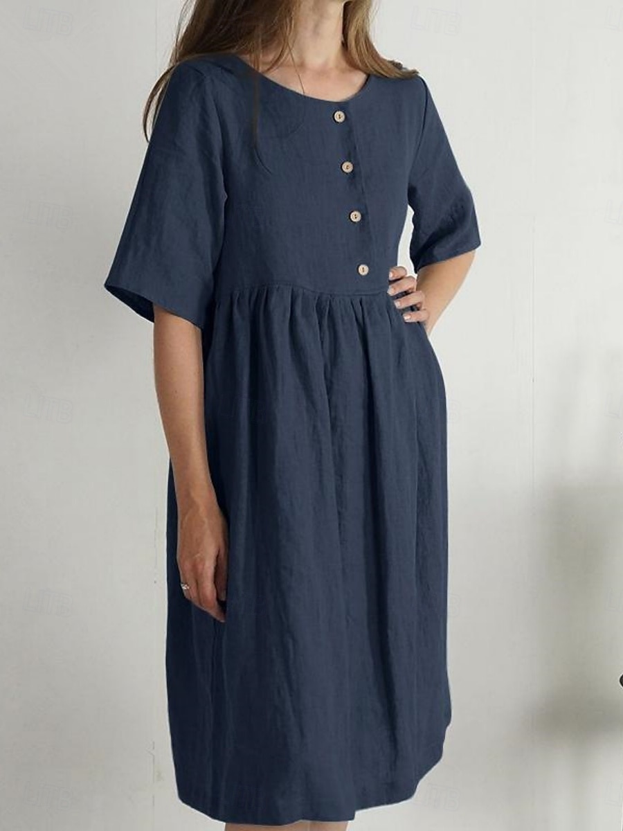 Damen Midikleid Kunstbaumwollleinen A Linie Kleid Sommerkleid Lässig Täglich Lässiger Schnitt Einfach Halbarm Einkerbiger Ausschnitt Marineblau Rosa Braun Grün Sommer Frühling 2026 - $25.99 –P1