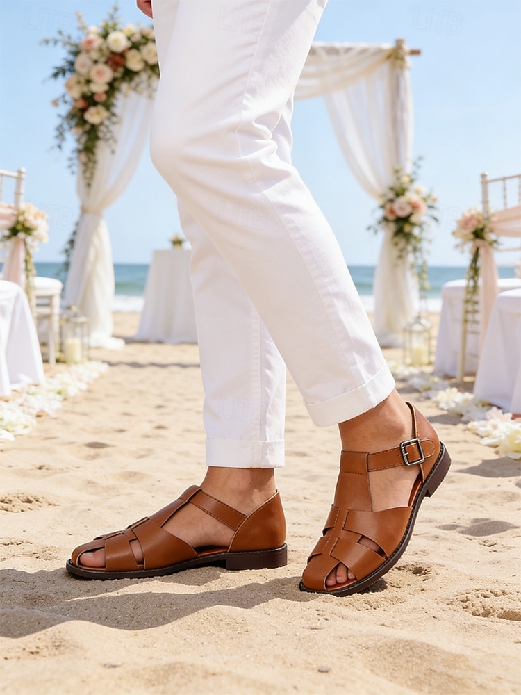 sandali da uomo in similpelle marrone con cinturini, design aperto traspirante, suola leggera e comoda, stile rilassato per matrimoni in spiaggia e occasioni estive del 2026 a $46.99 –P2