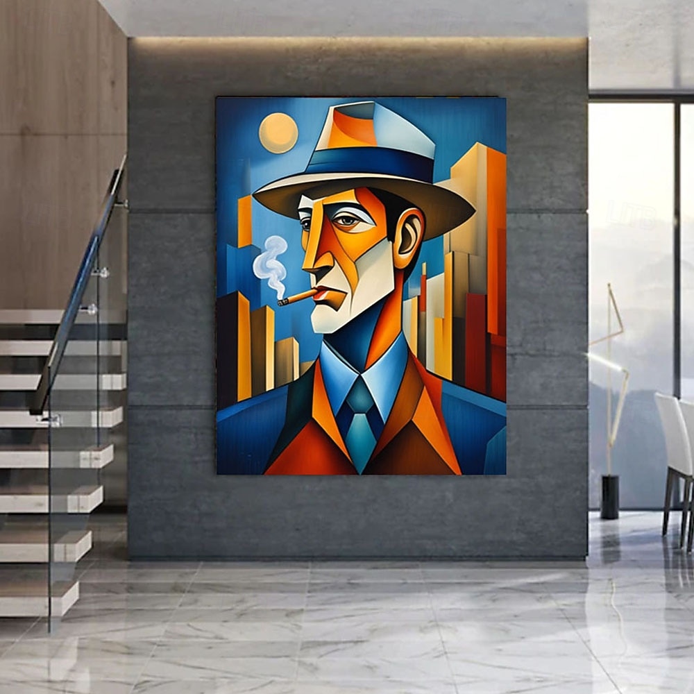 Modern Expressionist Man Smoking Canvas Abstract Picaso Style Portrait Wall Art Blue Orange Home Decor Contemporary Art Canvas Unique Character 2026 - $102.99 –P4