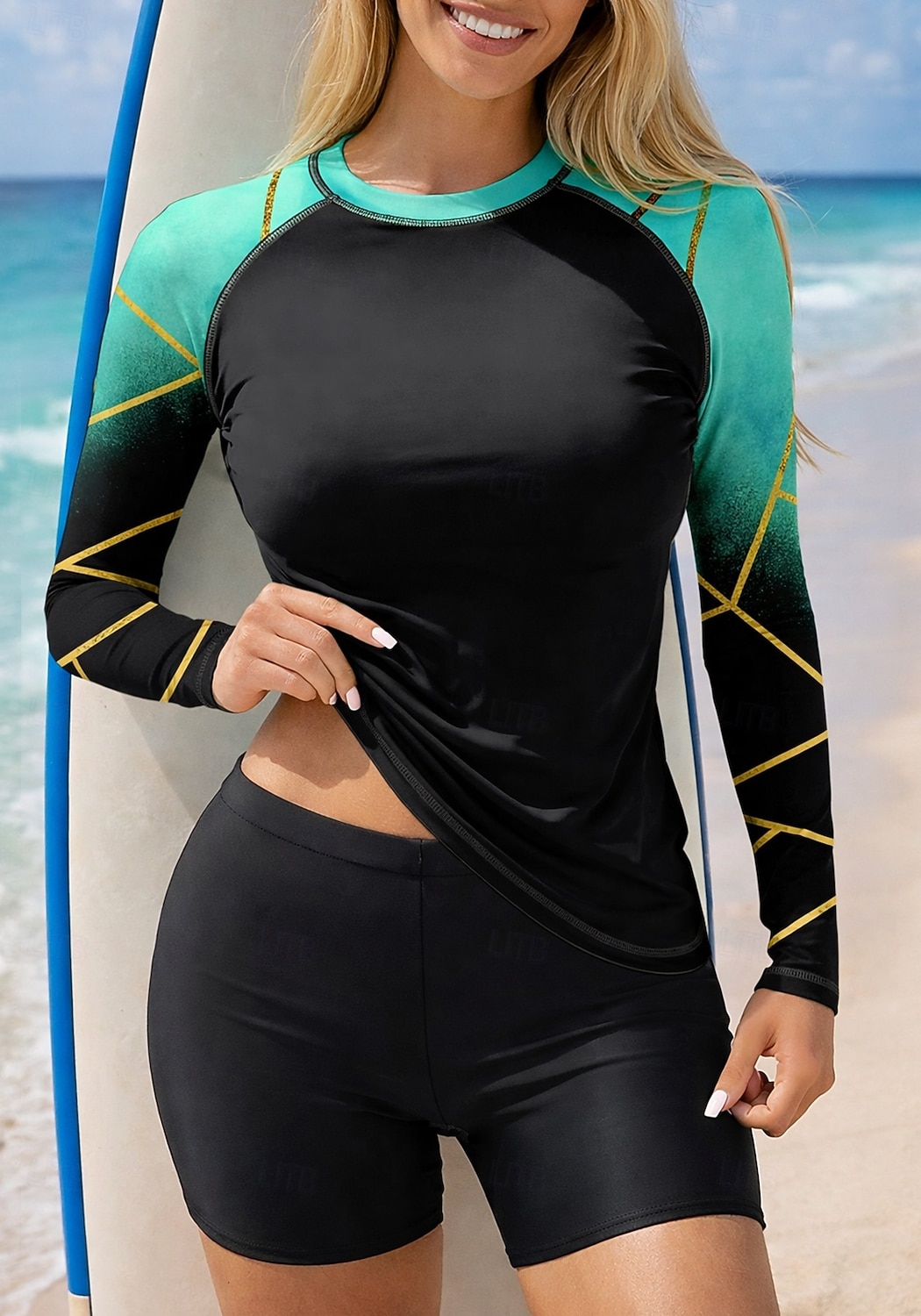 2026年 女性用 ラッシュガード水着 ラッシュガード タンキニ水着 勾配 縞柄 2個 取り外し式パッド ボイレグ UVサンプロテクション UPF50+ UVプロテクション 長袖 スイムウェア ラッシュガード サーフィン カヌー ウォータースポーツ 夏  コレクション – $31.99 –P4