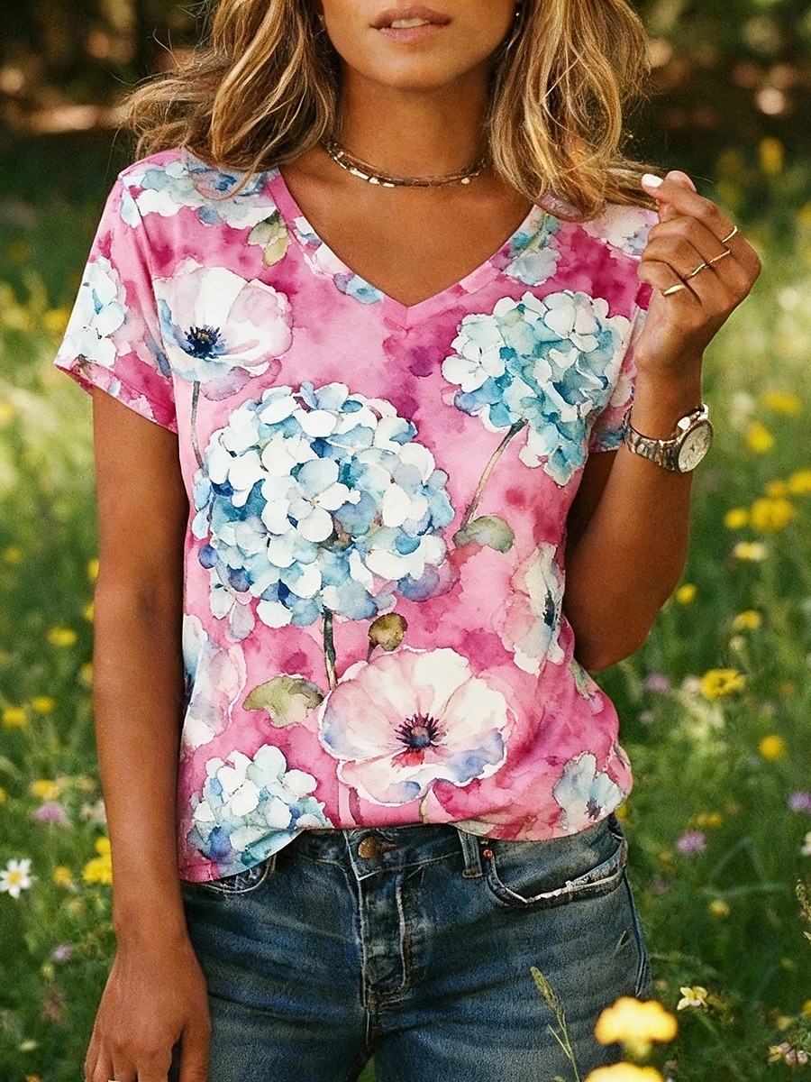 Per donna Camicia Boho Maglietta Stampato Floreale Grafico Bohemien Vintage Classico Manica Corta Scollo a V Top Regolari Quotidiano Rosa Verde scuro Viola Verde Rosa Estate Primavera del 2026 a $19.49 –P6