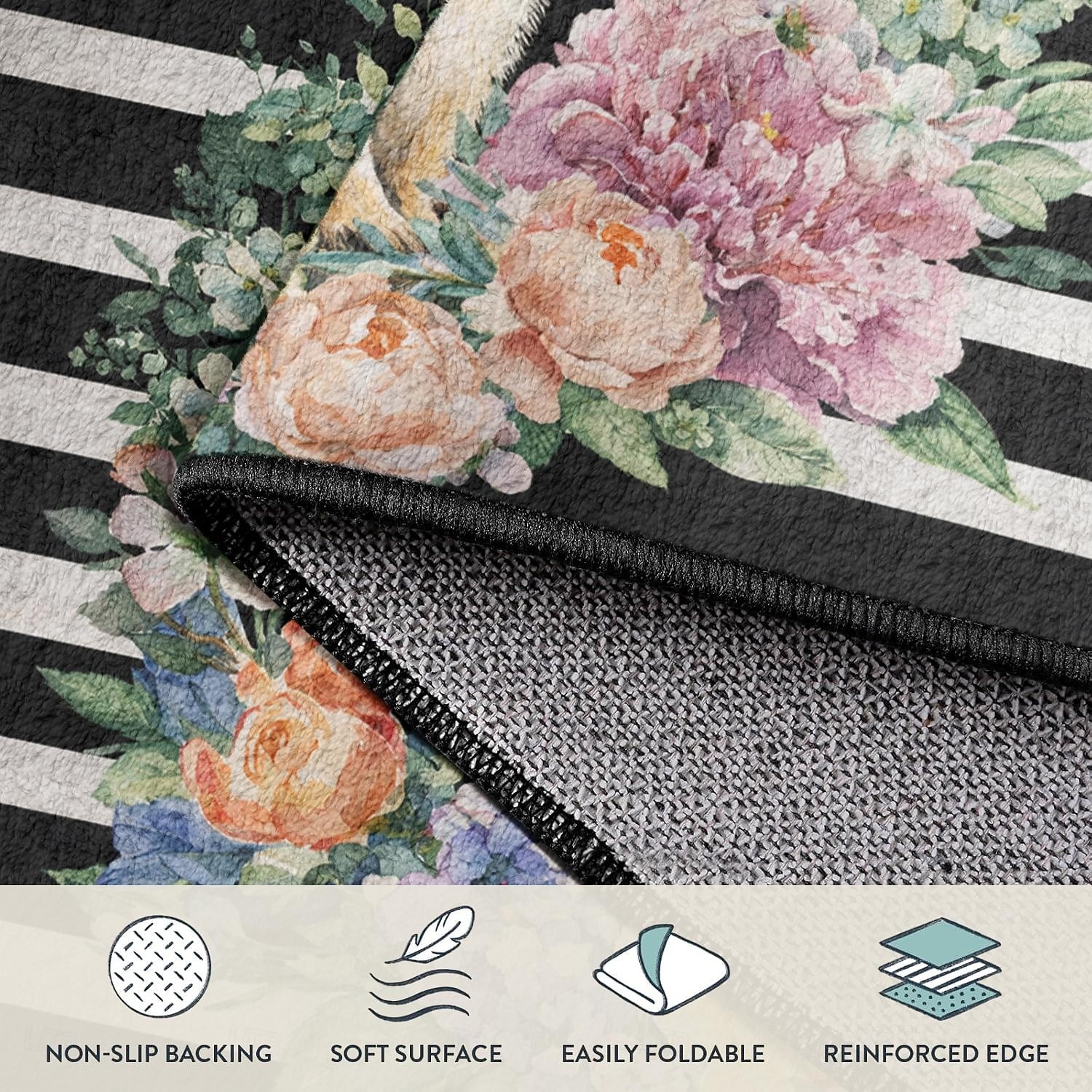 Felpudo de Pascua con forma de conejito rodeado de una corona floral floreciente sobre rayas blancas y negras, perfecto para dar la bienvenida a la primavera. 2026 - $16.99 –P3