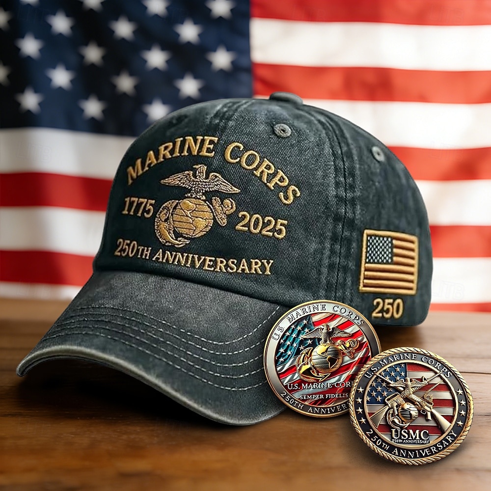 Cappellino da baseball retrò lavato in onore del 250° anniversario dei Marines degli Stati Uniti con 2 monete commemorative, cappello vintage ricamato per il 250° anniversario dei Marines degli Stati del 2026 a $31.99 –P3